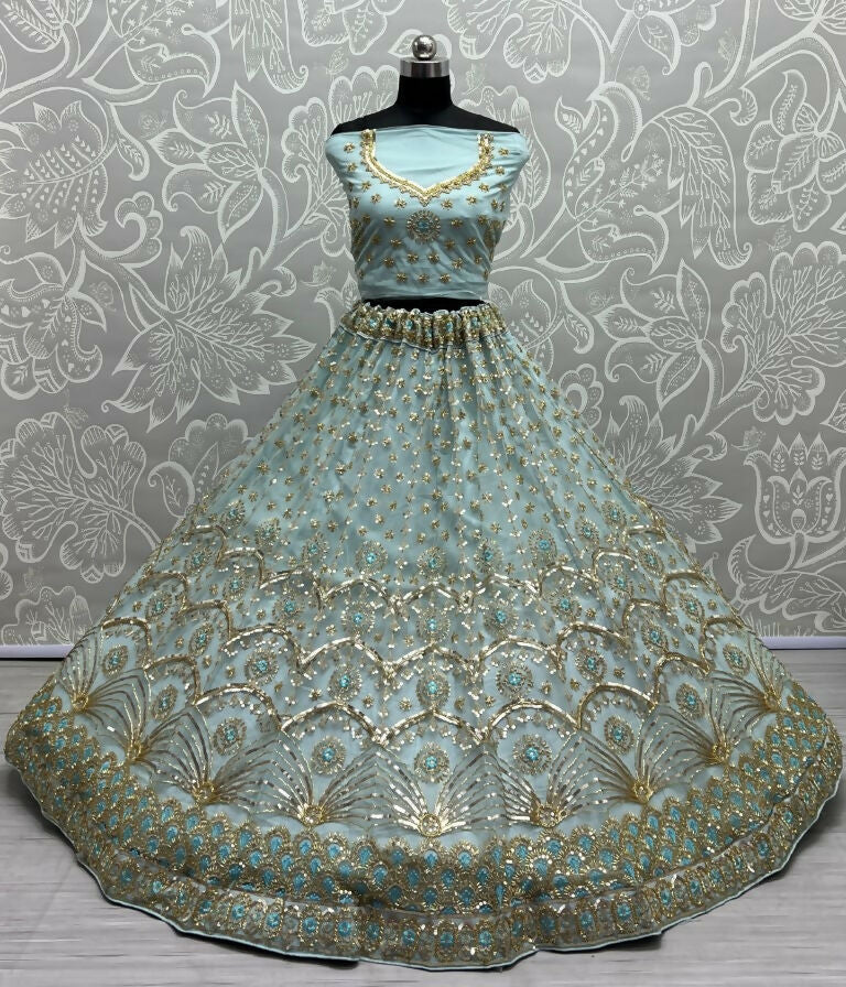 Sky Blue Bridal Net Lehenga Choli with Sequins & Handwork