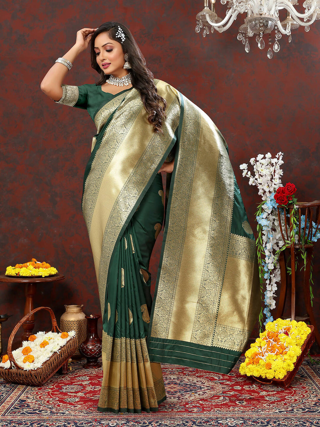 Green Soft Silk Saree with Elegant Gold Zari Weaving Design