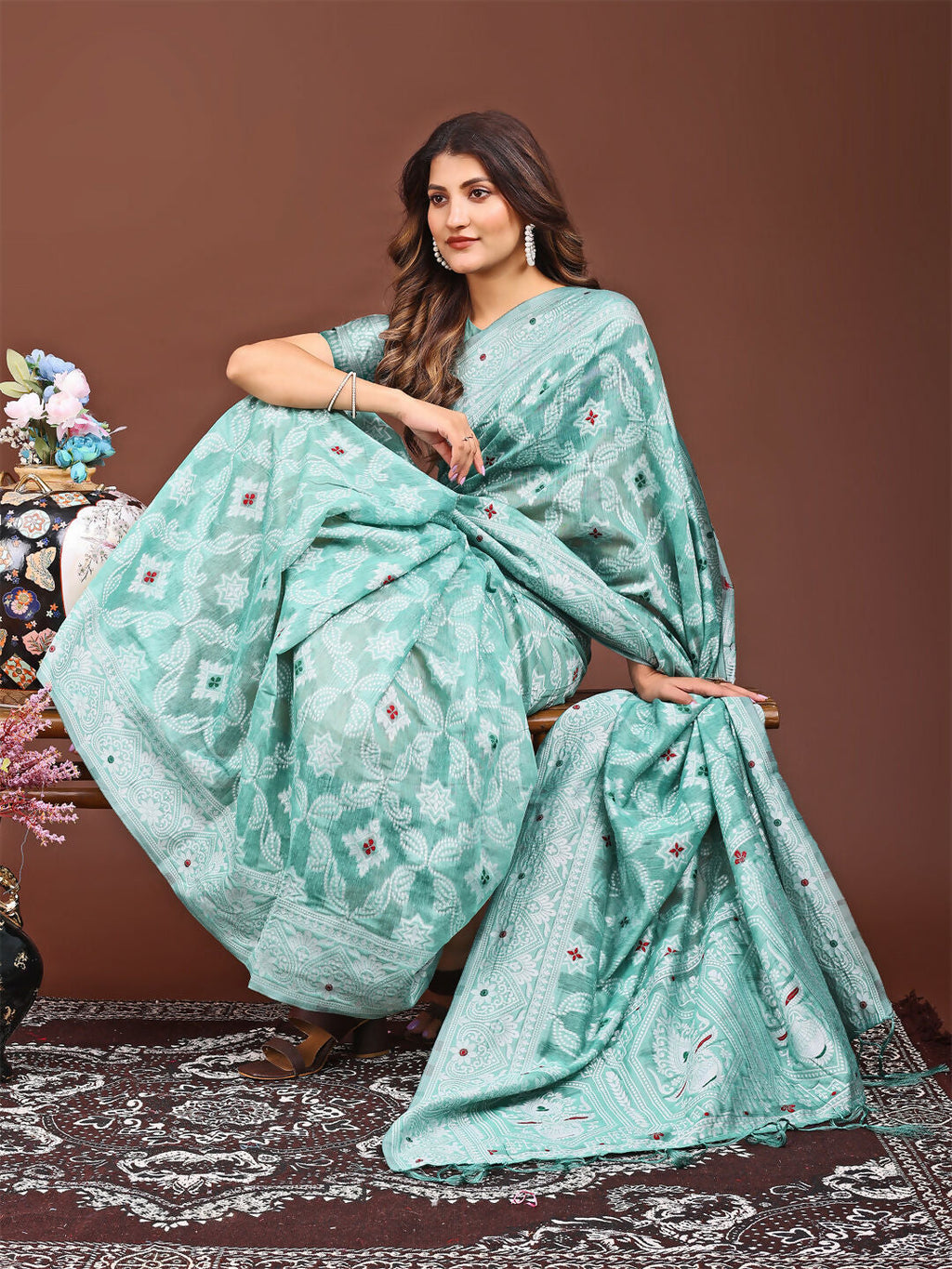 Pankhuri Sea Green Linen Cotton Saree