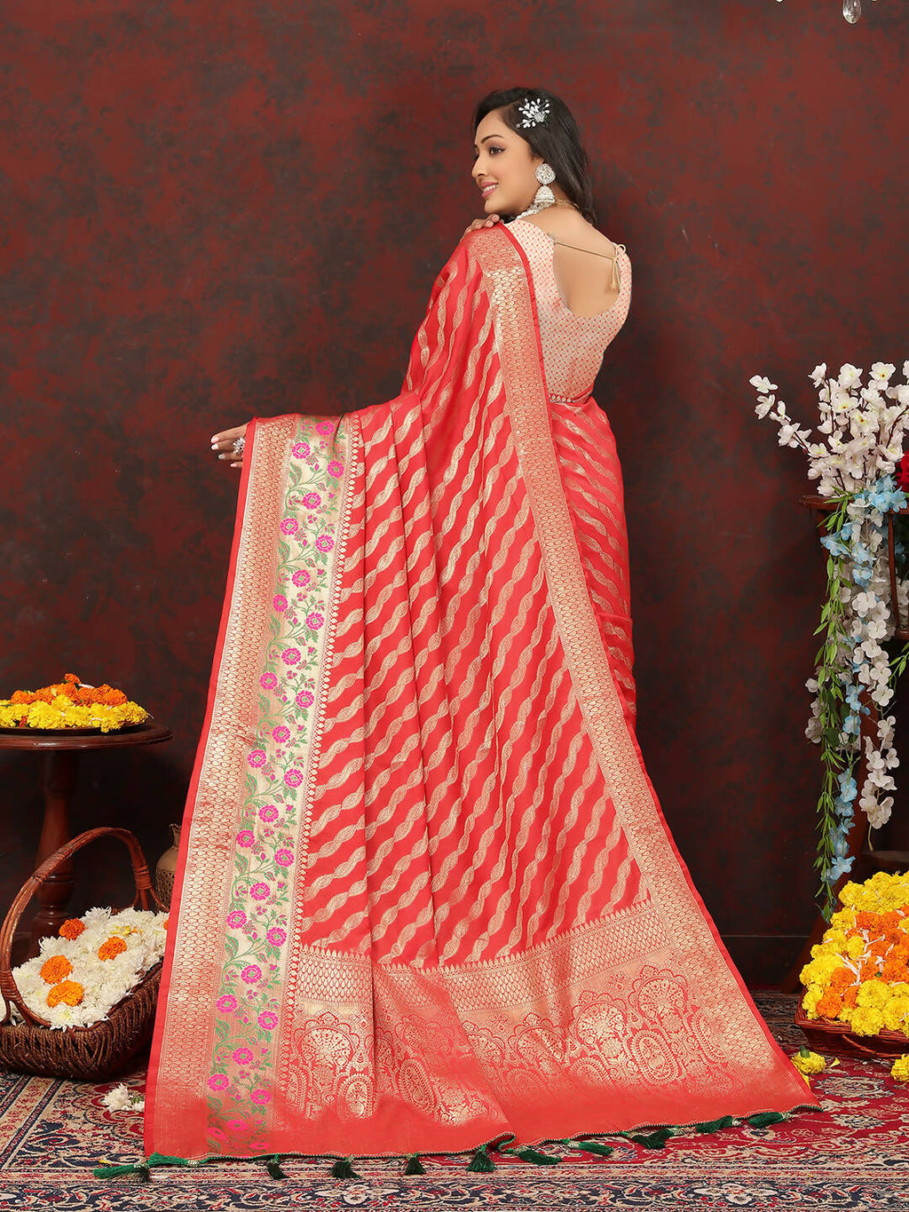 Red Leheriya Soft Silk Saree with Zari Weaving Design
