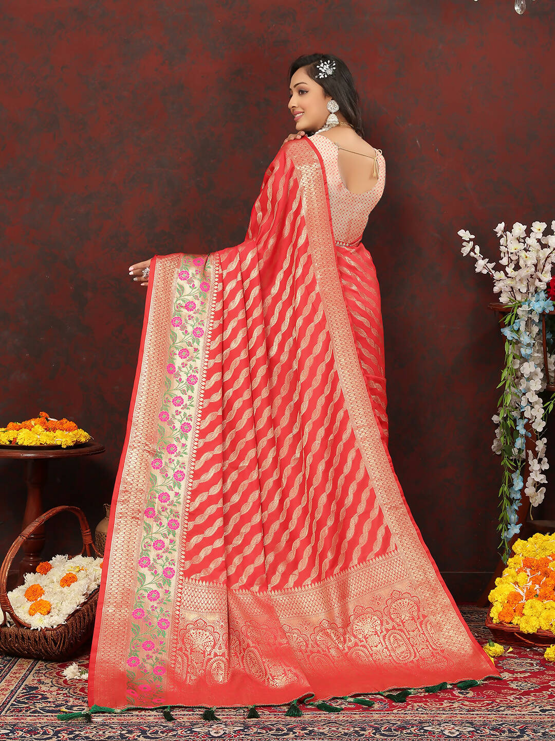 Red Leheriya Soft Silk Saree with Zari Weaving Design