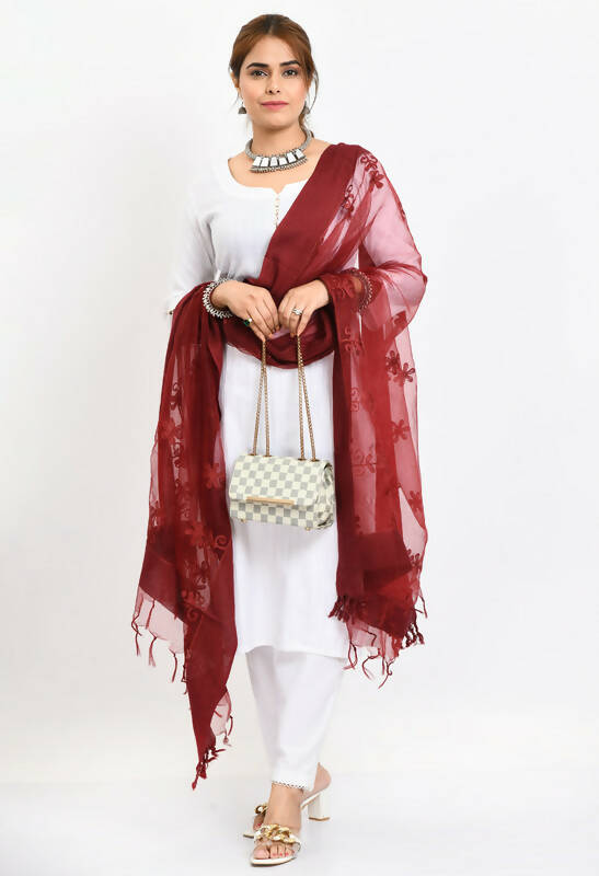 Maroon Organza Chikan Work Women's Dupatta with Floral Embroidery
