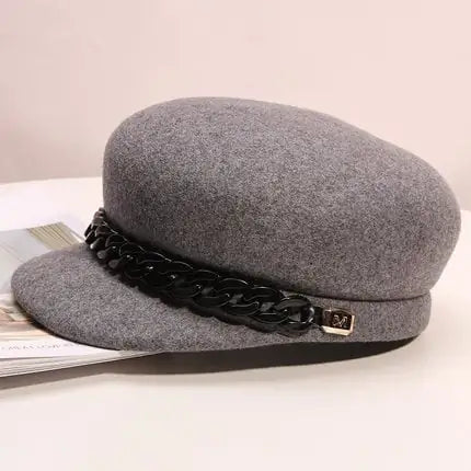 Women's Wool Newsboy Cap with Chain Detail Retro Felt Hat - Image 3