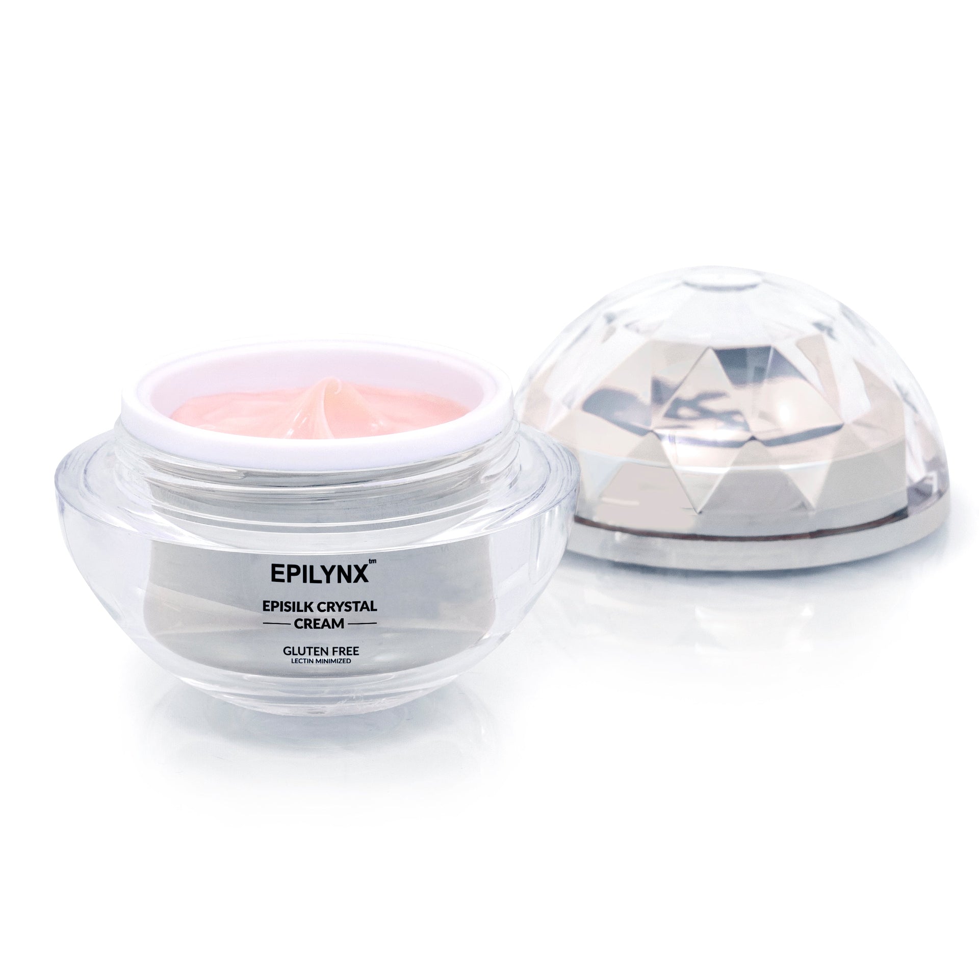Epilynx Episilk Crystal Cream jar with open faceted lid and cream visible