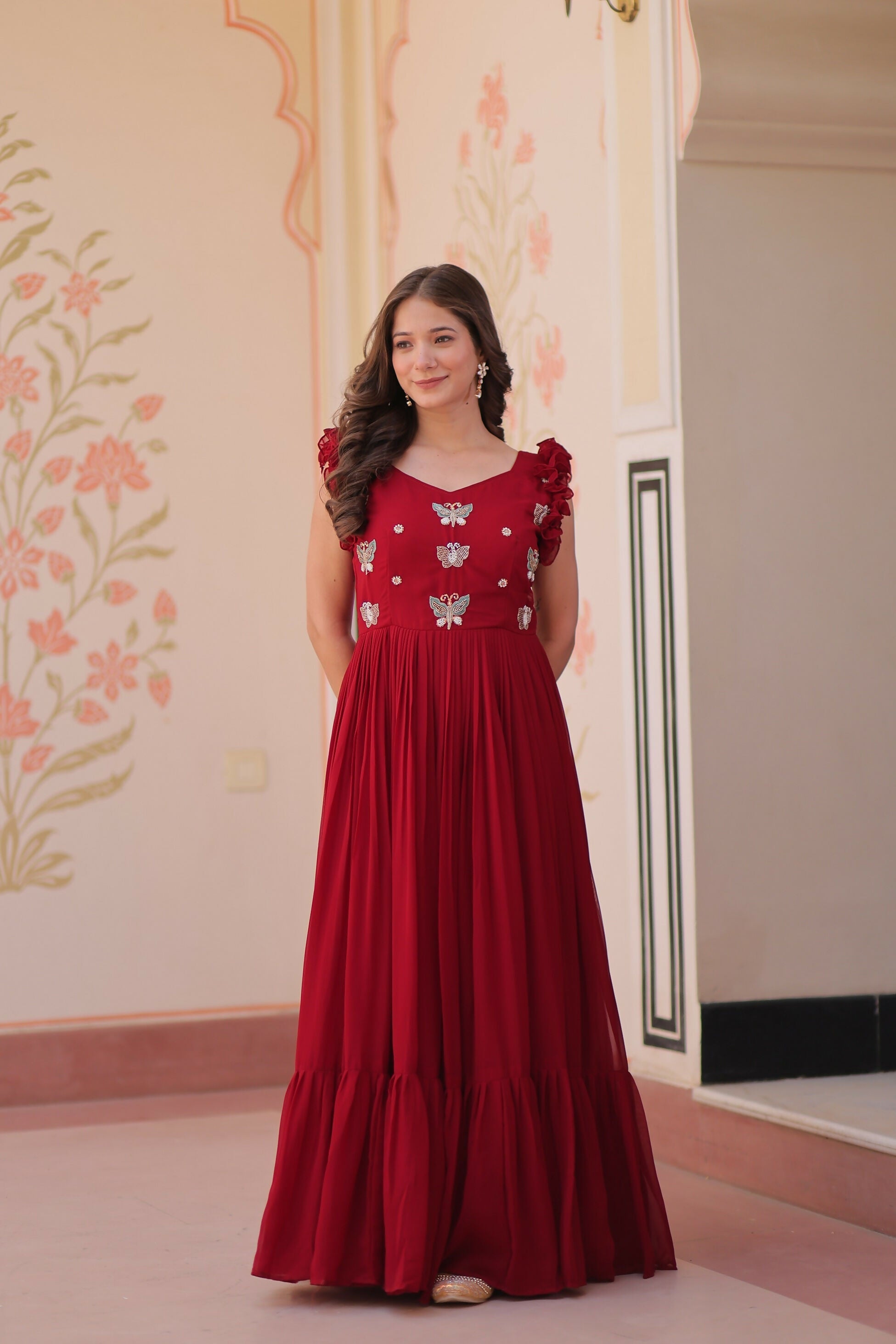 Maroon Georgette Gown with Exquisite Sequence Embroidery Work