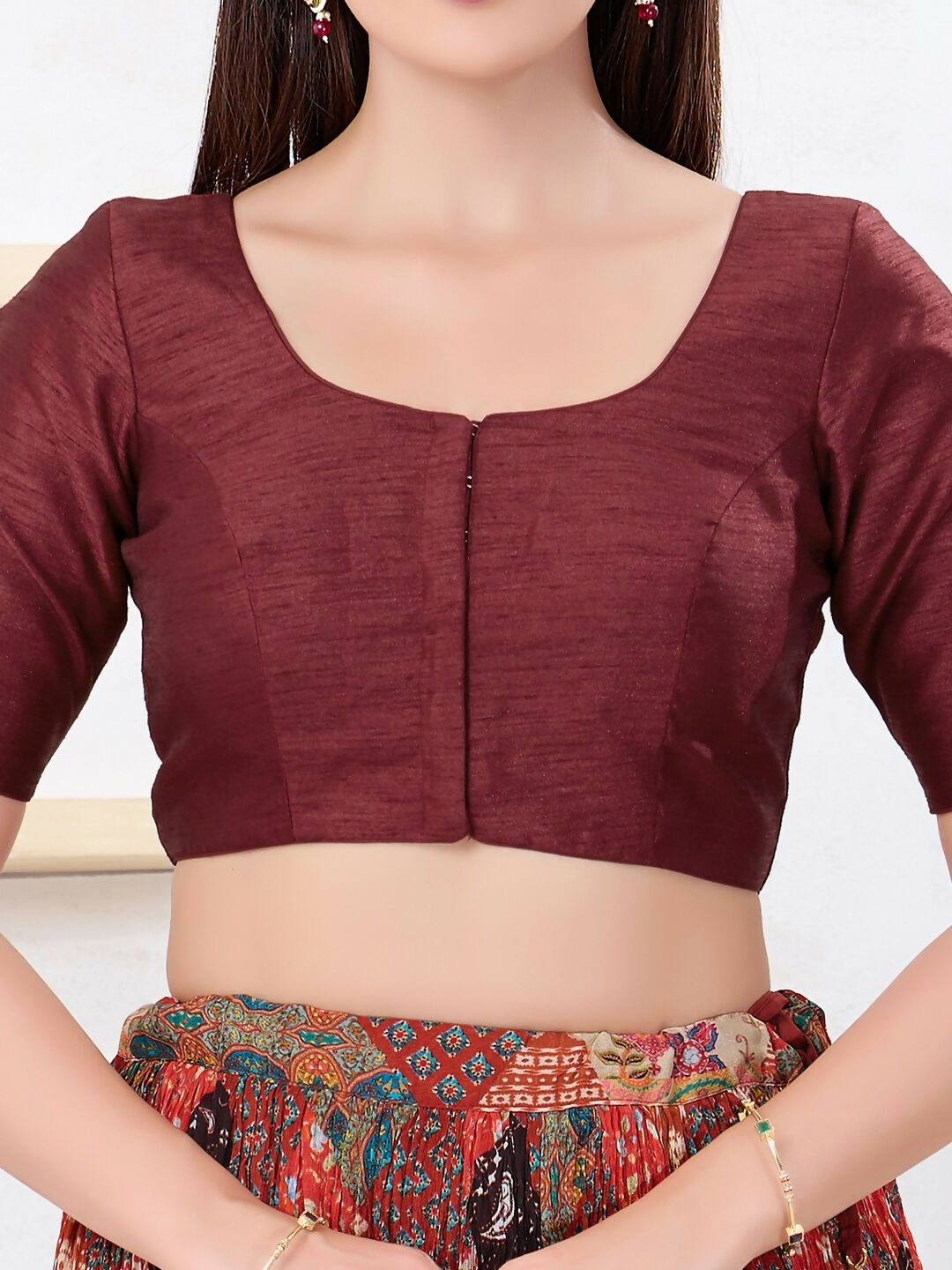 Maroon Dupion Silk Sleeveless Round Neck Front Open Blouse
