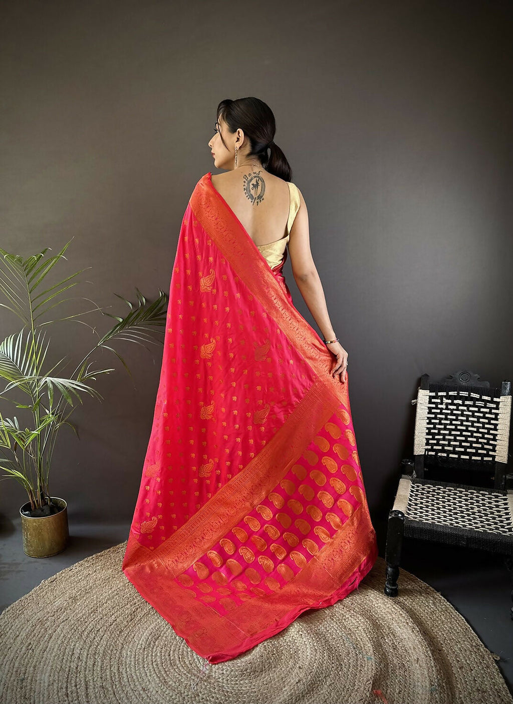 Hot Pink Banarasi Woven Soft Silk Saree with Matching Blouse