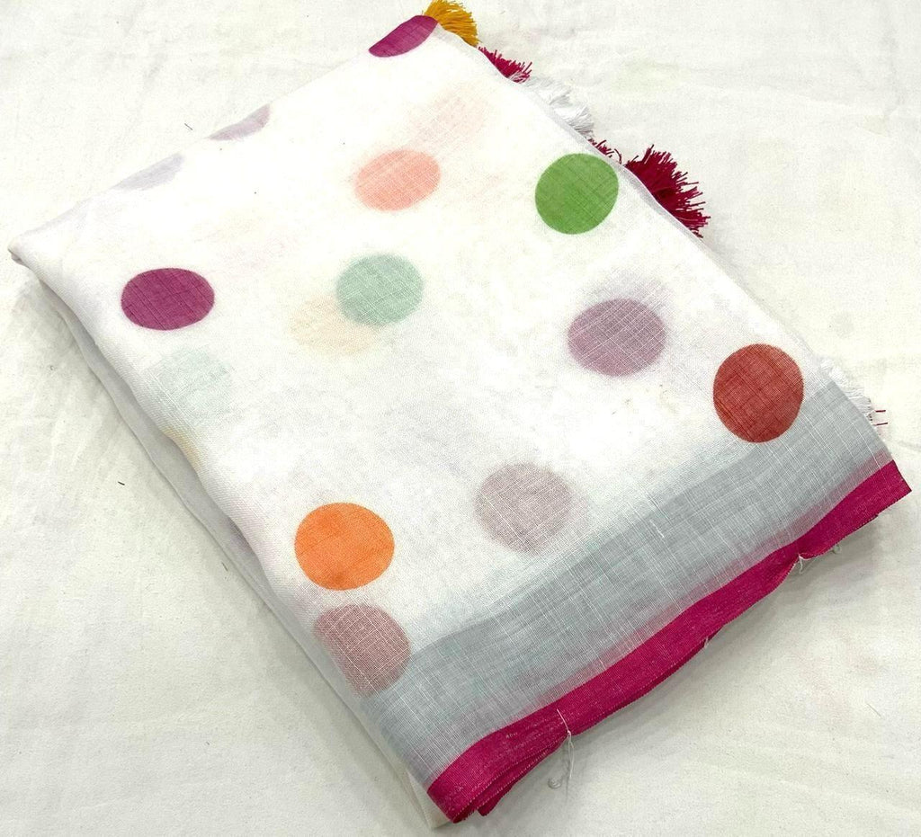 White Pure Linen Ethnic Motif Saree with Printed Blouse