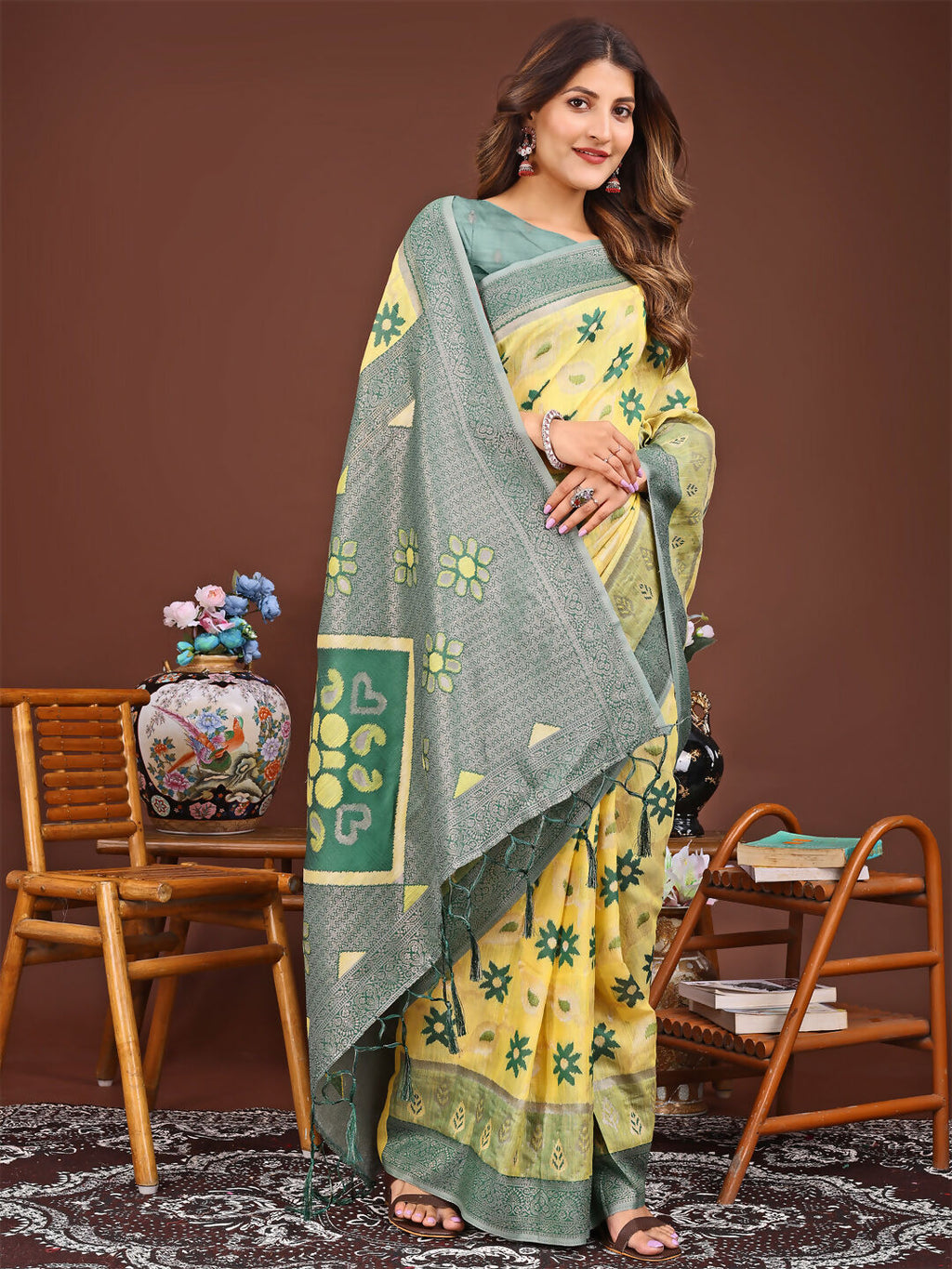 Sajni Yellow Linen Cotton Saree with Matching Blouse Piece