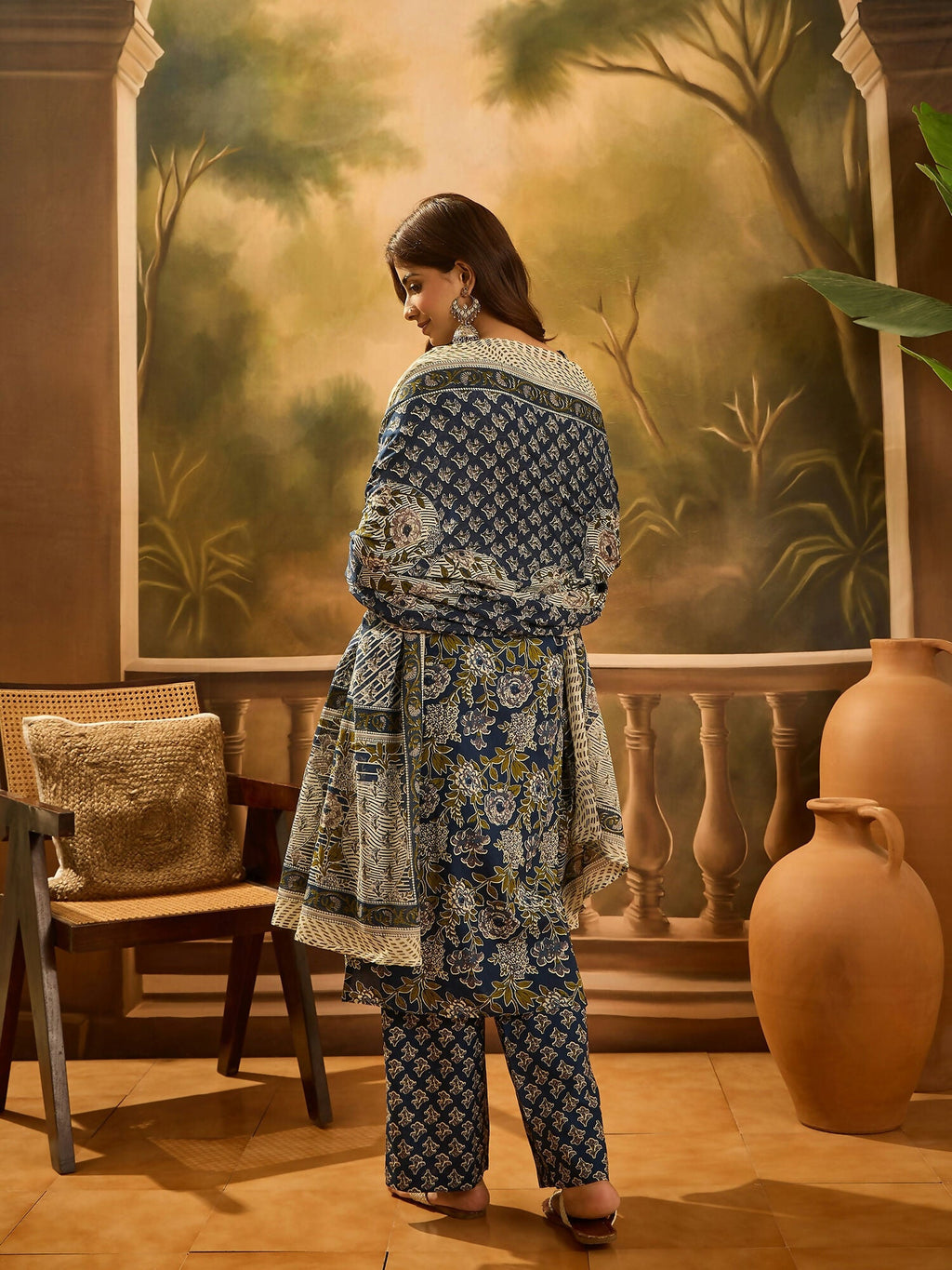 Navy Blue Printed Pure Cotton Kurta Set