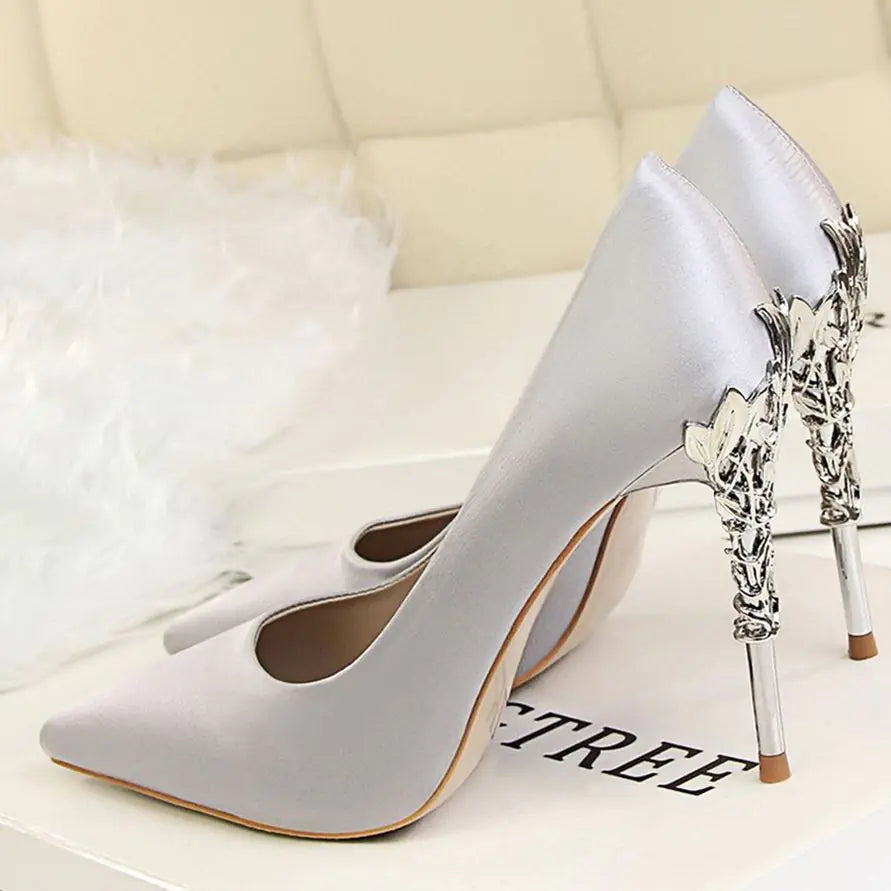 Women's White Satin Pointed High Heels - Elegant