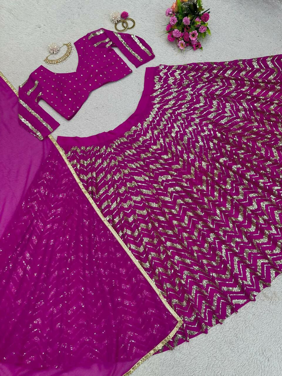 Wine Faux Georgette Sequin Embroidered Lehenga Choli Set