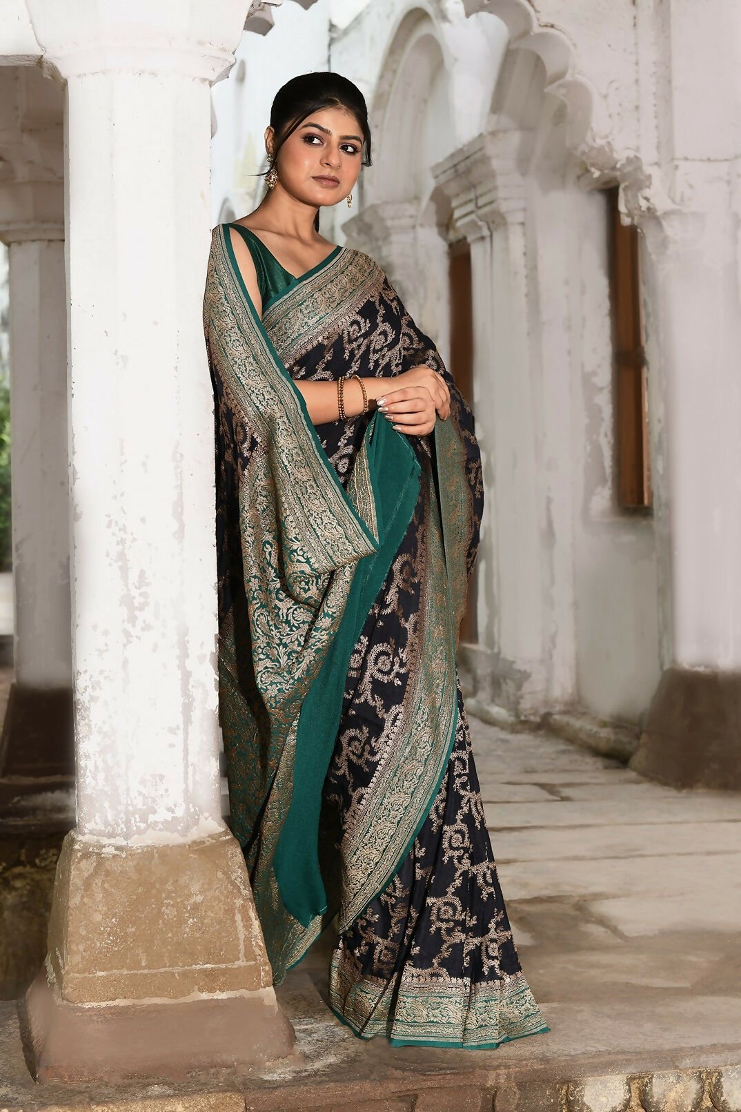 Navy Blue Crepe Chiffon Handloom Banarasi Silk Saree