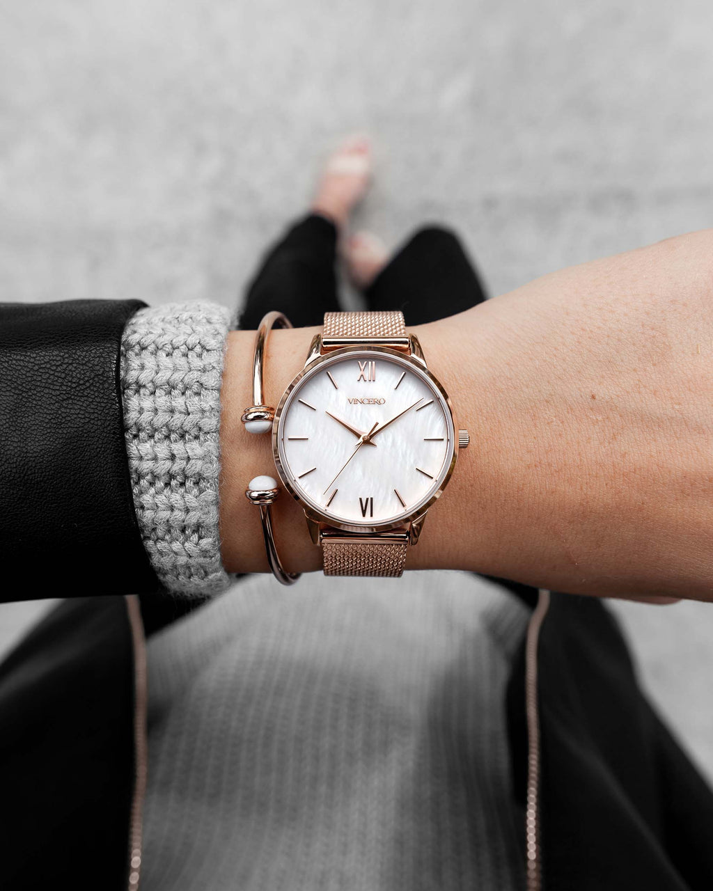 Eros Mesh Petite Watch: Rose Gold and White Pearl Minimalist Dial