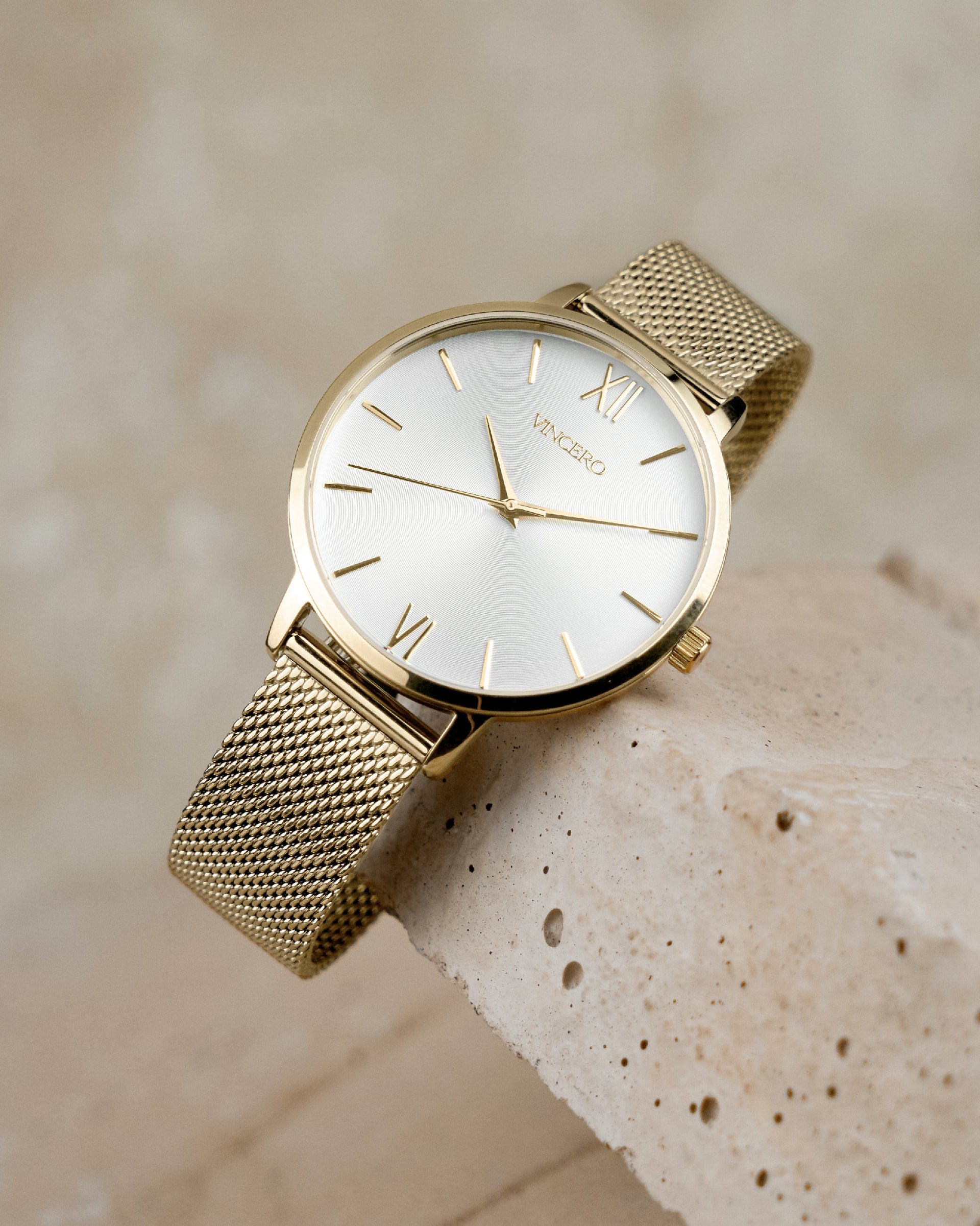 Eros Mesh Gold and Satin Minimalist Analog Wrist Watch