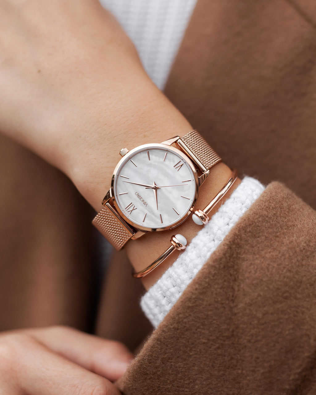 Eros Mesh Petite Watch: Rose Gold and White Pearl Minimalist Dial