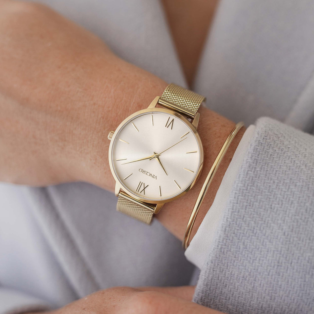 Eros Mesh Gold and Satin Minimalist Analog Wrist Watch