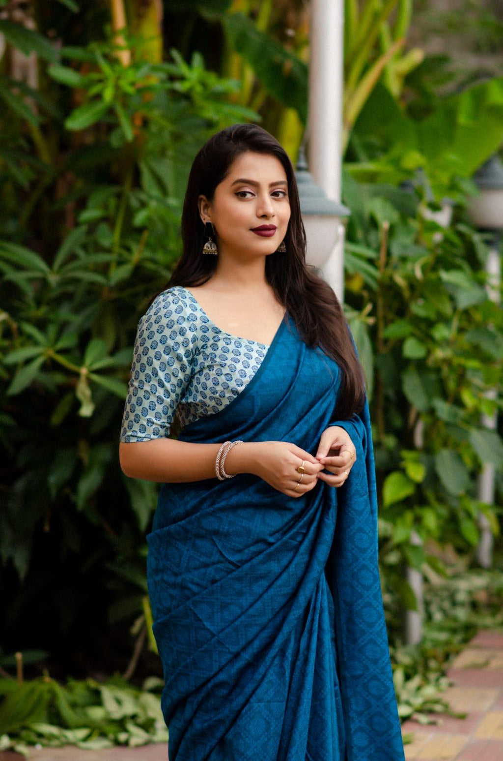 Blue Jute Silk Jacquard Saree with Batik Print Blouse