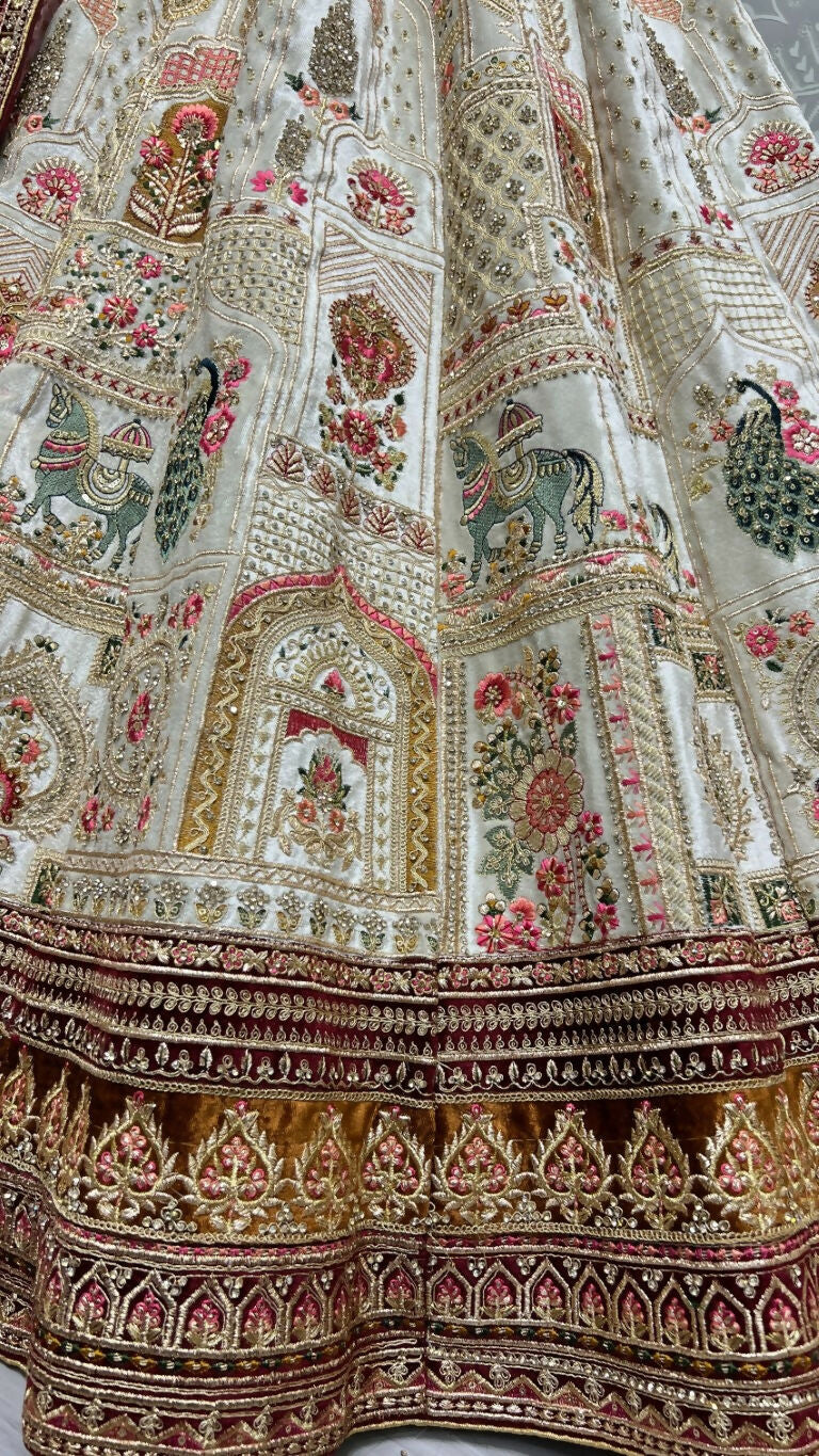 White Velvet Wedding Lehenga Choli with Multi Thread & Diamond Work