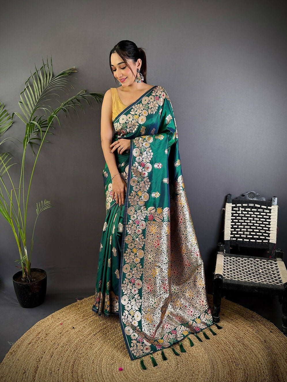 Teal Green Meenakari woven soft silk saree