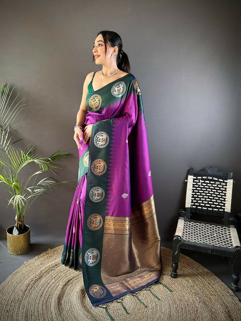 Blue Banarasi soft silk saree featuring traditional butti design
