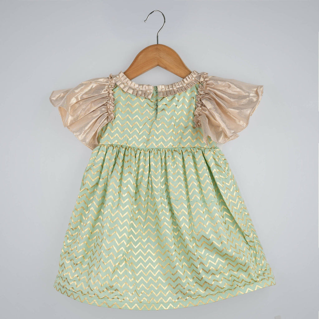 Girls Green and Gold Printed Dress with Bell Sleeves