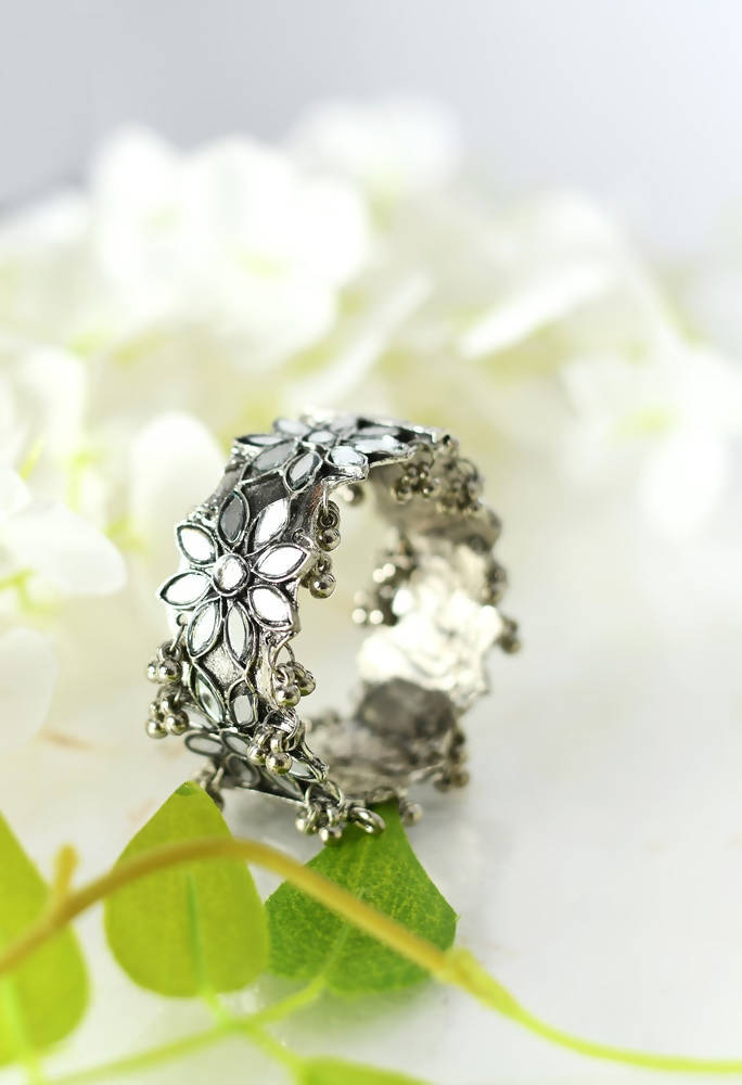 Kamal Johar Oxidised Silver-Plated Mirror Work Cuff Bracelet