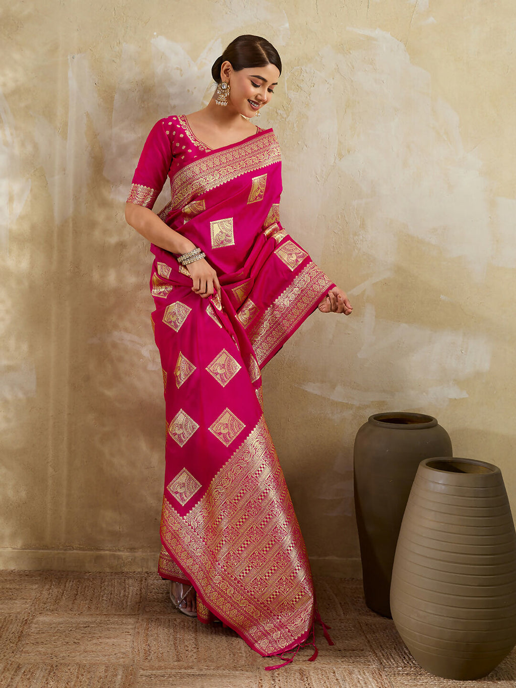 Magenta Silk Blend Saree with Coordinating Blouse Piece