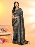 Grey and black soft silk Banarasi saree with an intricate weaving border detail.