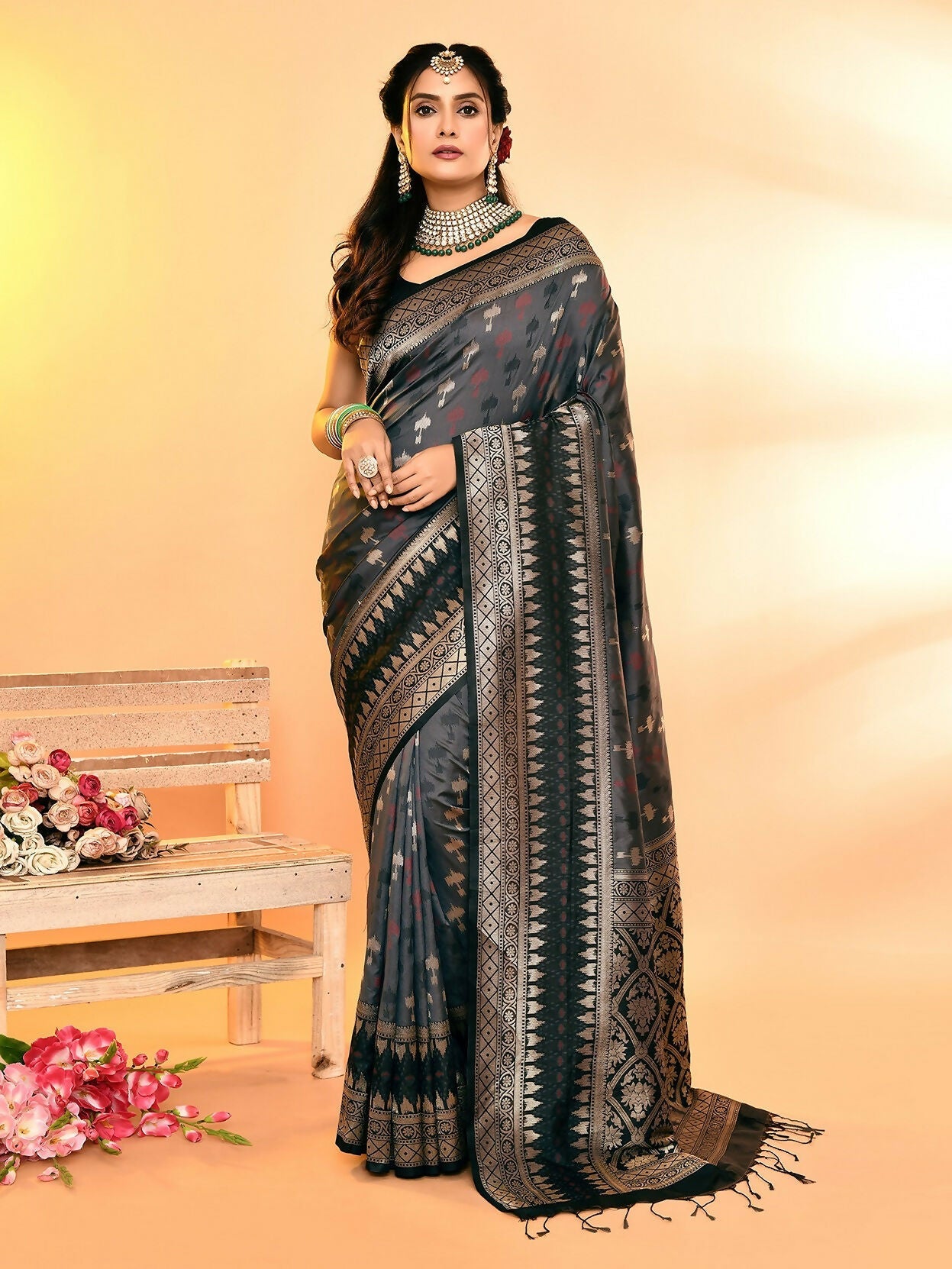 Grey and black soft silk Banarasi saree with an intricate weaving border detail.