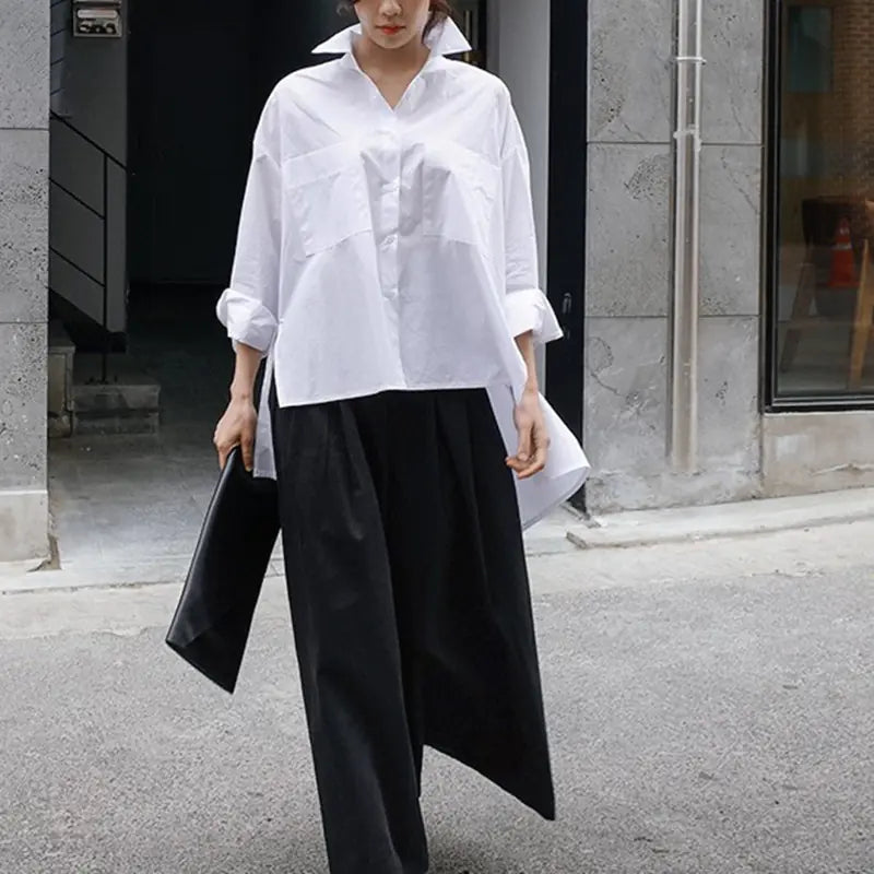 Women's White Loose Fit Irregular Long Sleeve Shirt