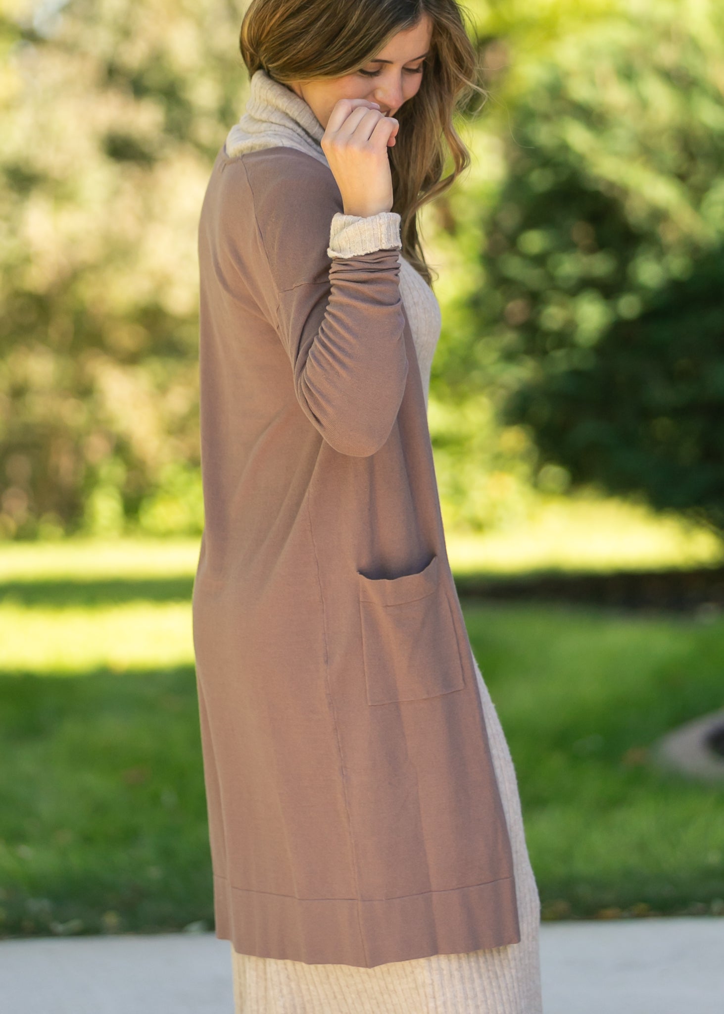 Essential Long Soft Cardigan | Knit | Mauve & Taupe