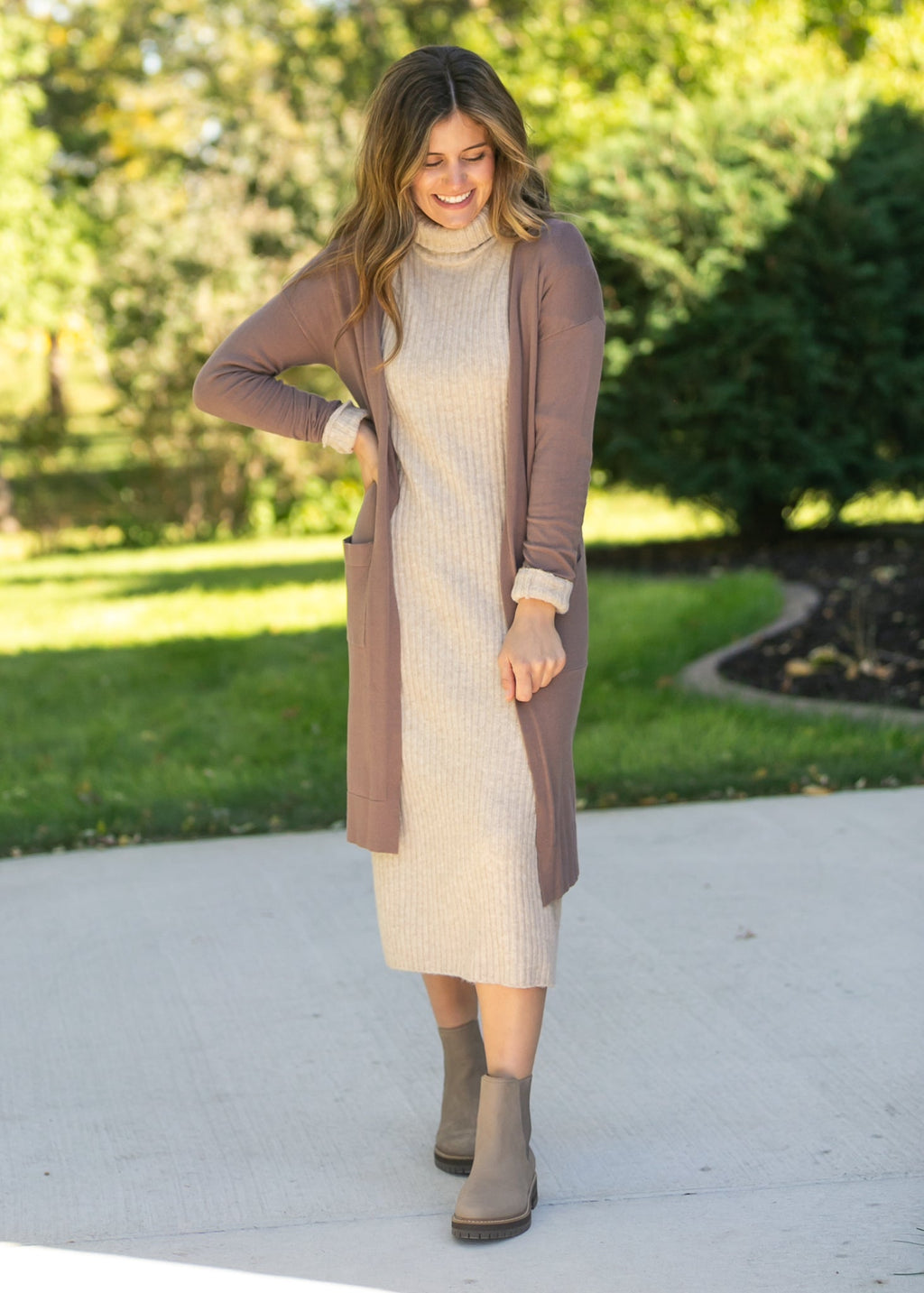 Essential Long Soft Cardigan | Knit | Mauve & Taupe