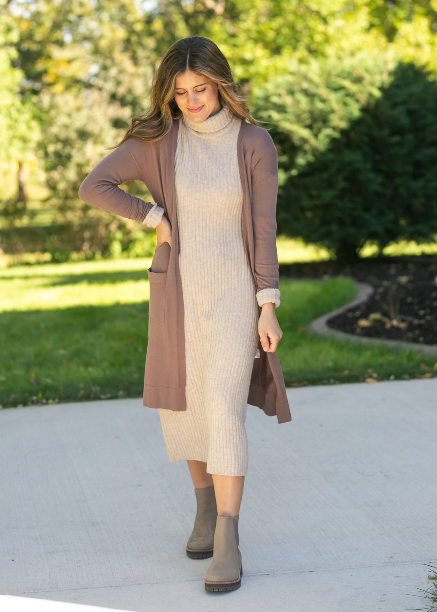 Essential Long Soft Cardigan | Knit | Mauve & Taupe