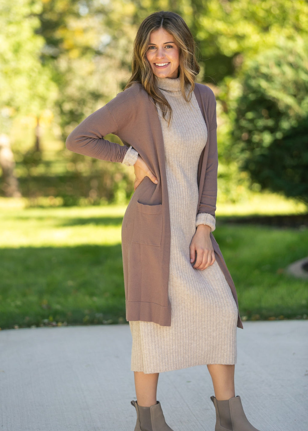 Essential Long Soft Cardigan | Knit | Mauve & Taupe
