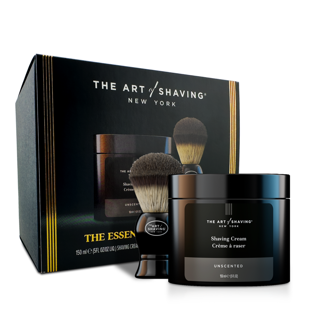 The Art of Shaving Unscented Essential Starter Set containing a 5oz shaving cream and a shaving brush.