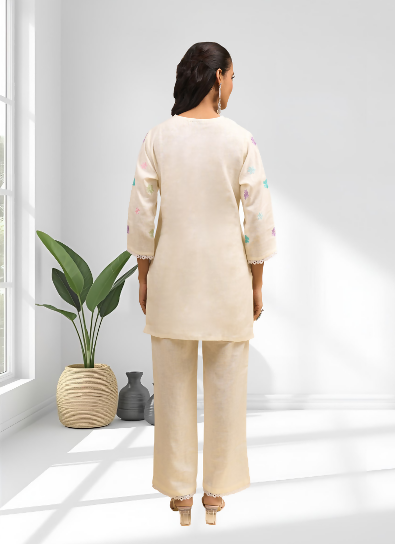 Cream Linen Embroidered Cord Set with V-Neck