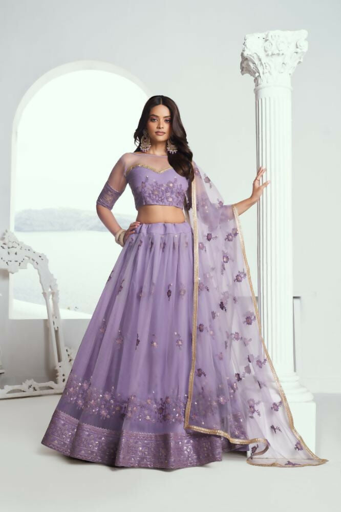 Lavender Butterfly Net Wedding Lehenga with tone-to-tone thread and sequence work