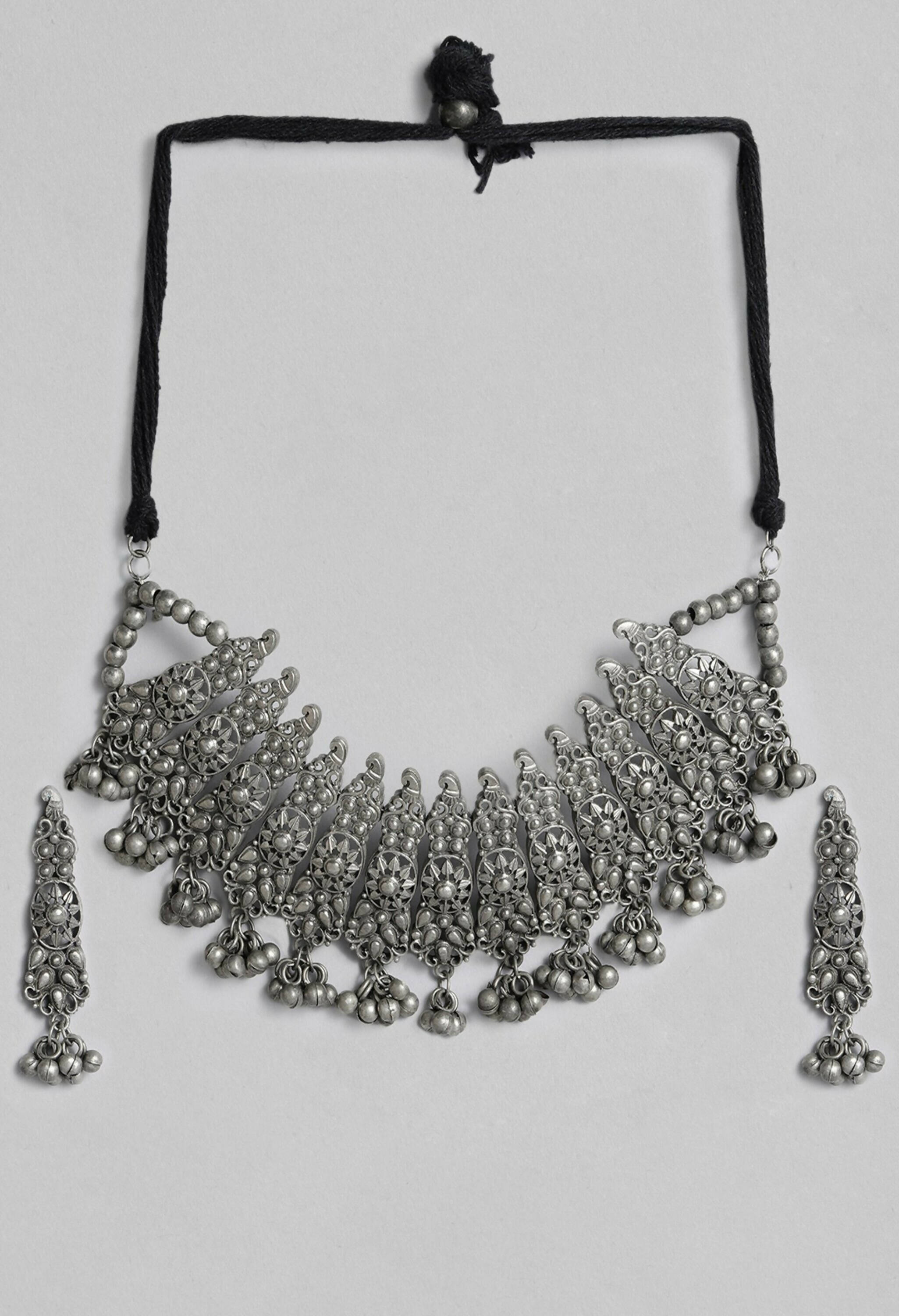 Johar Kamal Oxidised Silver-Plated Brass Temple Choker Necklace Set