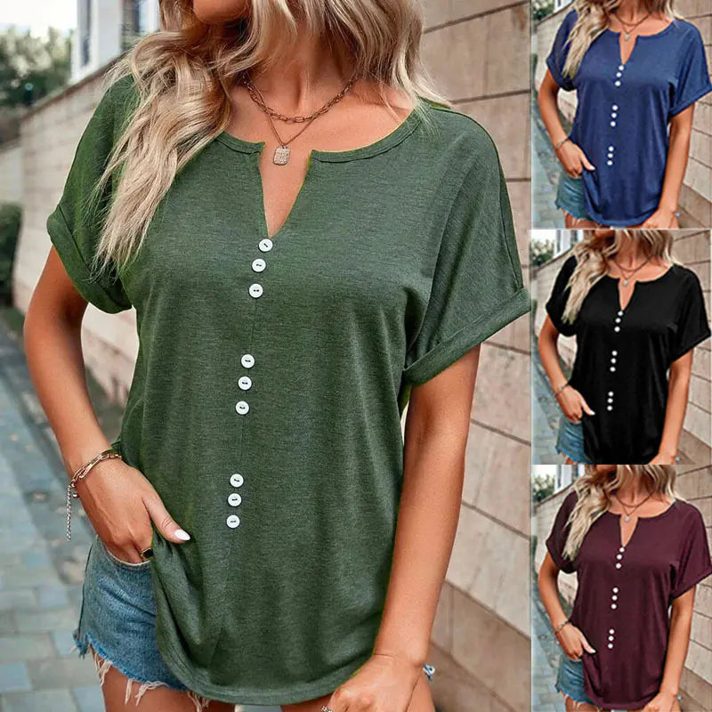 Women's V-Neck Short Sleeve Button-Front Casual Summer Blouse - Image 13