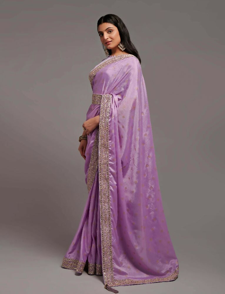Onion Chinon Silk Saree with Elegant Embroidery Lace Border