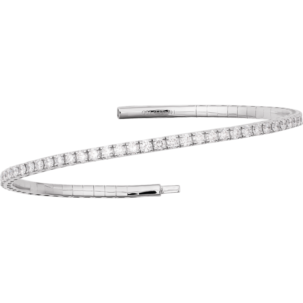 14K gold flexible bangle featuring a continuous row of round brilliant diamonds on the wrist.
