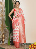 Red and White linen cotton saree with coordinating blouse piece