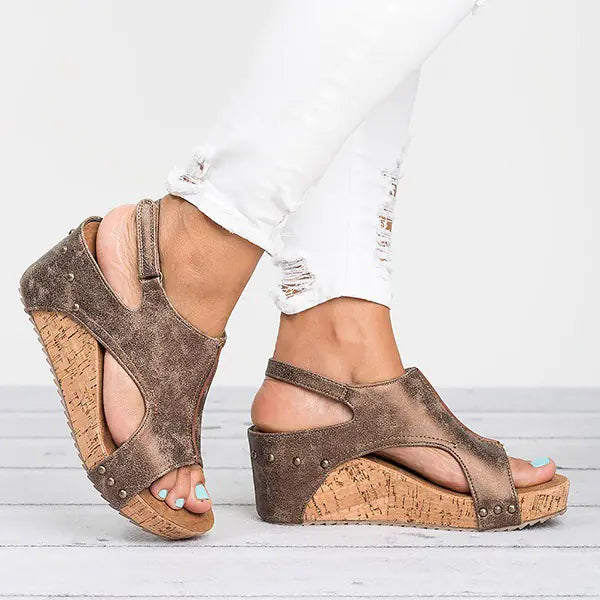 Women Wedge Peep Toe Sandals with Cork Platform and Stud Detail - Image 24