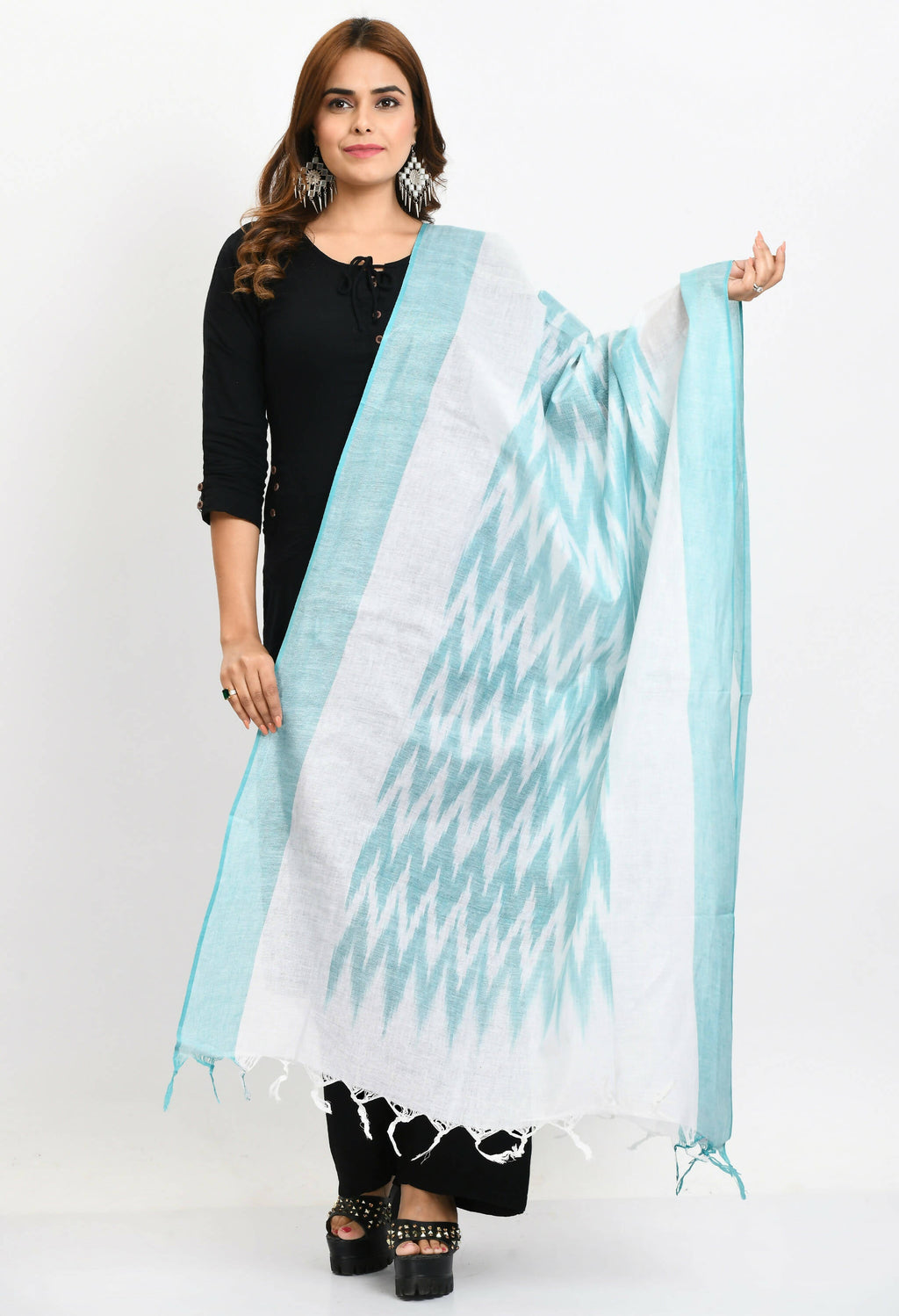 Sea green handloom cotton Ikkat woven dupatta
