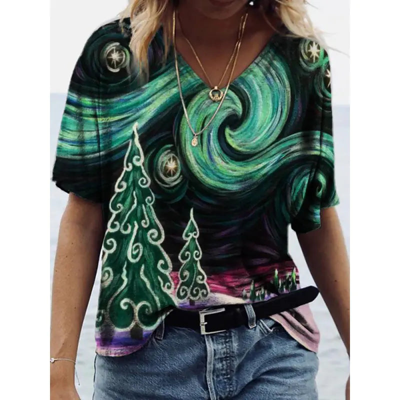 Women's Graphic Print V-Neck T-Shirt Casual Short Sleeve Tee - Image 25