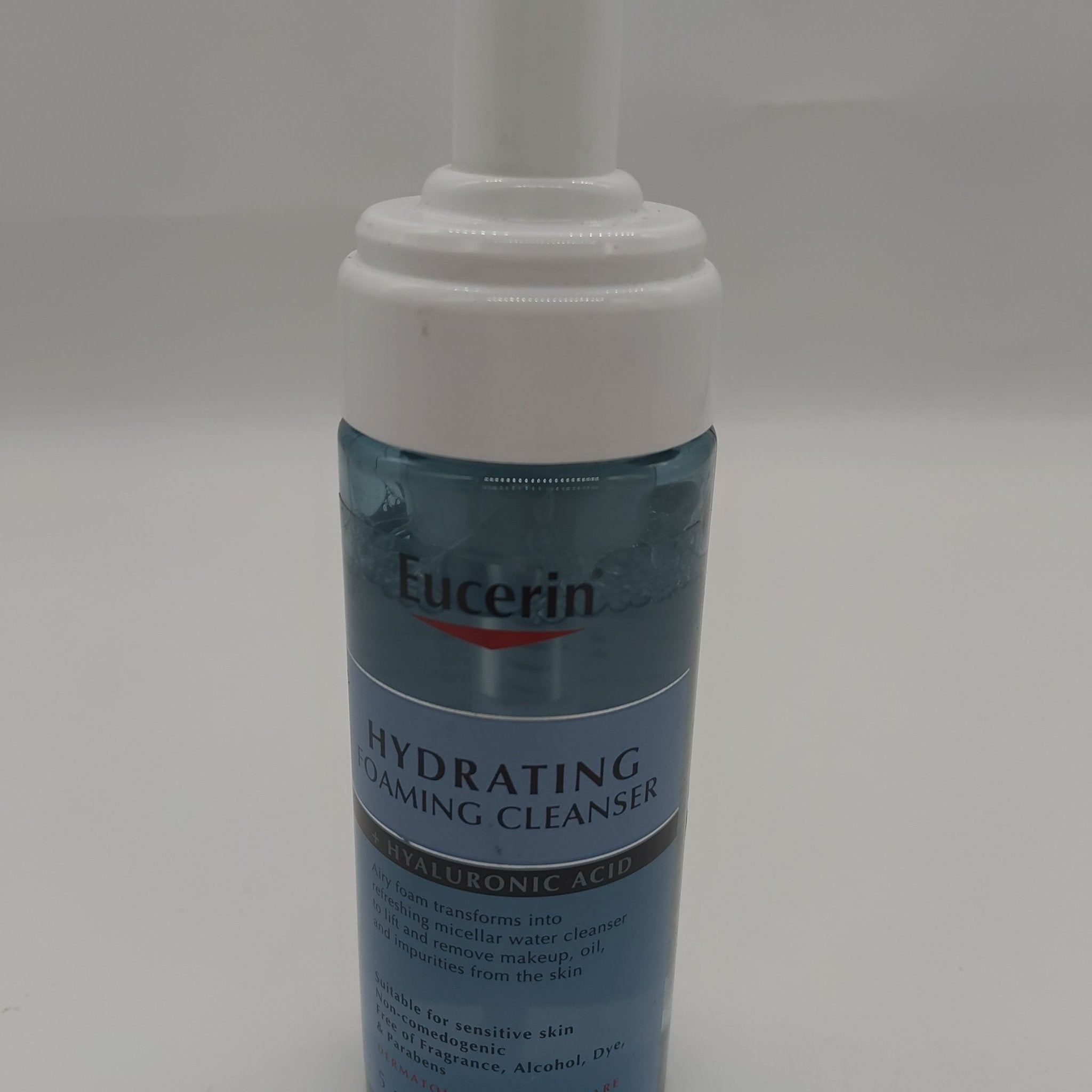 Eucerin Hydrating Foaming Cleanser bottle with blue and white clinical labeling