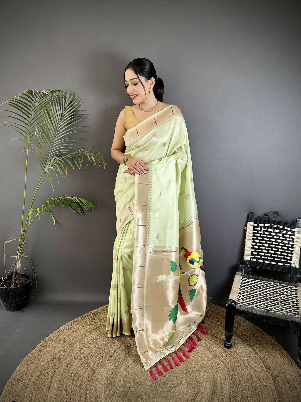 Pista Green Kanchipuram soft silk saree featuring peacock and floral motifs with matching blouse