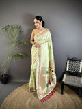Pista Green Kanchipuram soft silk saree featuring peacock and floral motifs with matching blouse