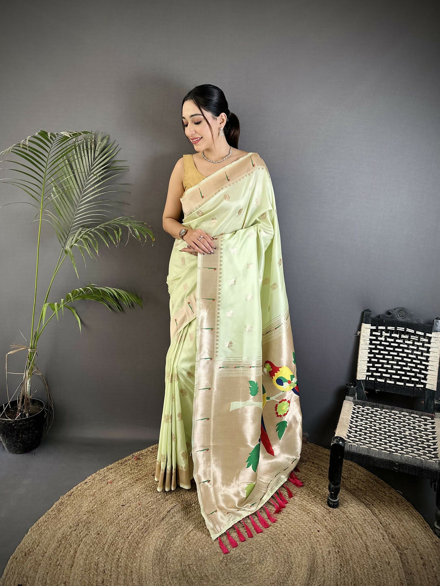 Pista Green Kanchipuram soft silk saree featuring peacock and floral motifs with matching blouse